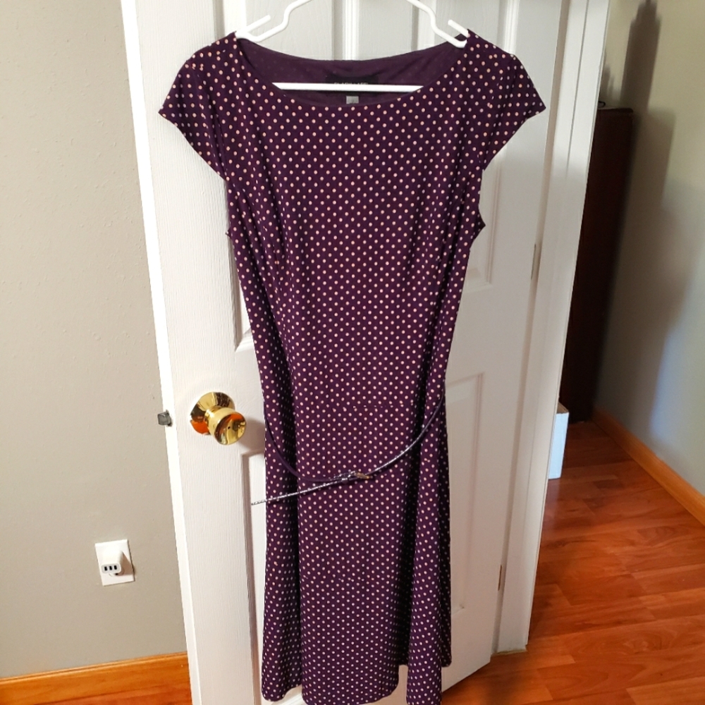 Cute polka dot belted dress, size 12, plum and cream, Black Label by Evan Picone